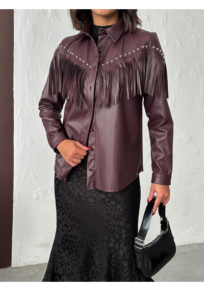 Verymoda Droplu Püsküllü Suni Deri Gömlek - F2043 MÜRDÜM
