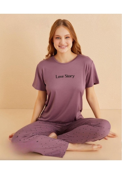 Mihra Kadın Bisiklet Yaka Milan Likralı Kısa Kol Pijama Takımı 50107l - 1 Adet Lila