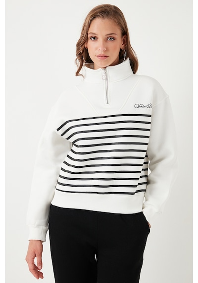 Lela Streç Oversize Fit Yarım Fermuarlı Dik Yaka Bayan Sweat 5865883 Ekru