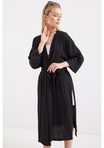 Bigdart 5835 Yırtmaçlı Yazlık Kimono - Siyah 001