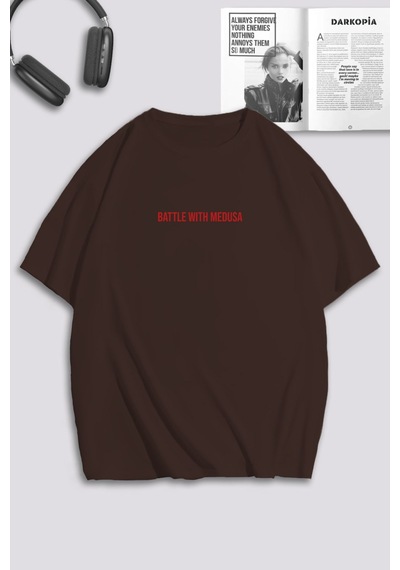 Unisex Kadın Erkek Battle With Medusa Baskılı Özel Tasarım Oversize T-shirt Kahverengi Mck0131 Kahverengi