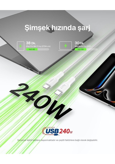Belkin Cab025hq1mwh Boostcharge Pro 240w Usb-c To Usb-c Örgülü 1m Hızlı Şarj Kablosu - Beyaz
