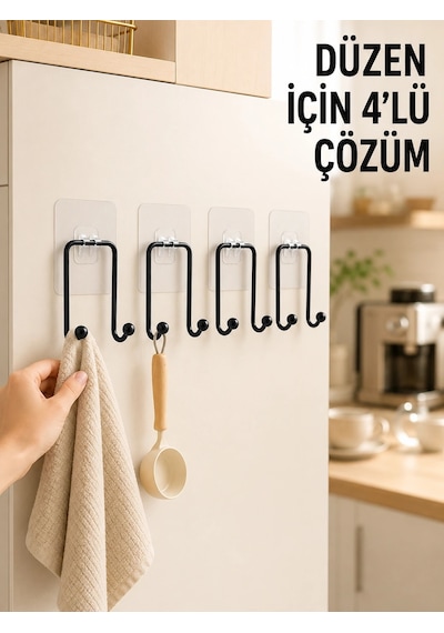 Mey İthalat 4 Adet Yapışkanlı Askı Çok Amaçlı Mutfak Banyo Düzenleyici Askılık Çok Renkli