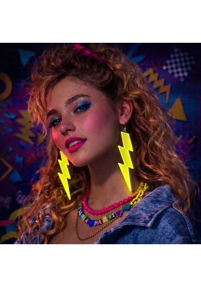80 Ler 9039lar Retro Neon Sarı Şimşek Küpe 10 Cm "