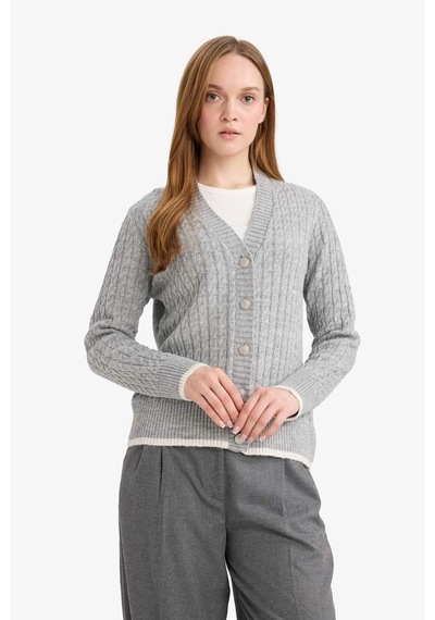 Defacto Regular Fit V Yaka Düğmeli Hırka E9148ax25wngr214 Gri-gr214