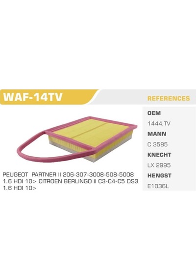 WINKEL WAF-14TV Hava Filtresi 206 207 308 508 Partner / C3 C4 II C4 Cactus C5 II Berlingo 1.6 HDI