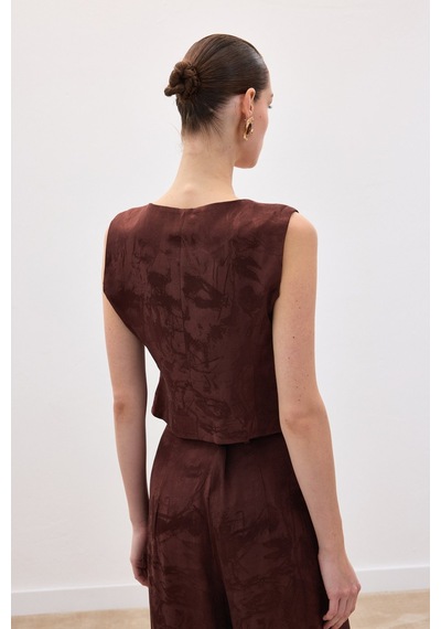 Sateen Jakarlı Yelek - Kahve-136838 Kahve