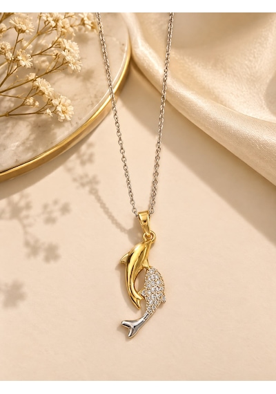 Zirkon Taş Balık Kolye Gold - Gümüş