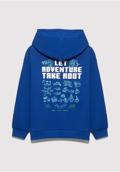 Mavi - Minecraft Baskılı Kapüşonlu Mavi Sweatshirt 6s10180-70907 Mavi