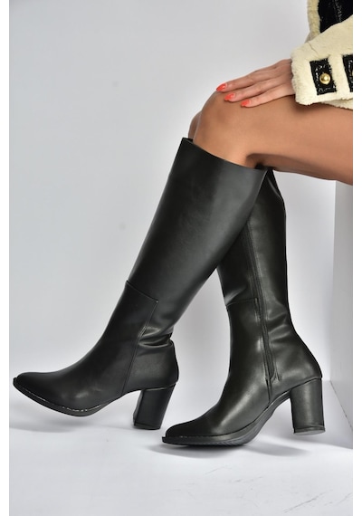 Fox Shoes V965012509 Siyah Kalın Topuklu Kadın Çizme Siyah-Suni Deri