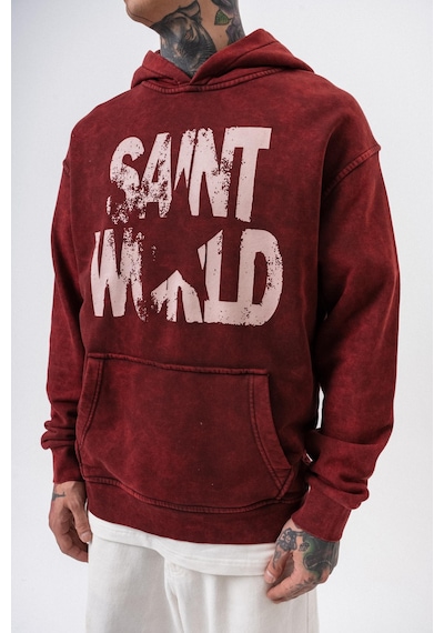 Respire Erkek Star Baskılı Yıkamalı Kapüşonlu Oversize Hoodie Bordo
