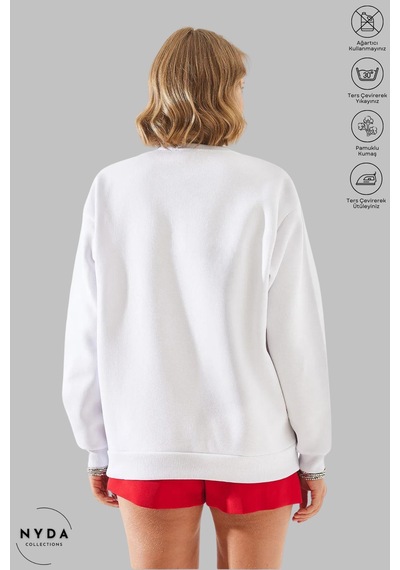 Unisex Uzun Kollu Winnie The Pooh Baskılı Bisiklet Yaka Kapüşonsuz Şardonlu Oversize Sweatshirt Beyaz
