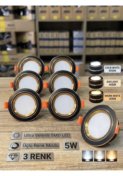 Lightech 5w Smd Led Downlight Spot Lamba 6'lı Paket 3 Renk Modlu Beyaz / Gün Işığı / Sıcak Beyaz Siyah-gold Kasa
