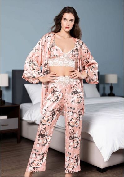 Loule Kadın Çiçekli Braletli Saten Pijama Ve Sabahlık Seti 3 Parça Çok Renkli