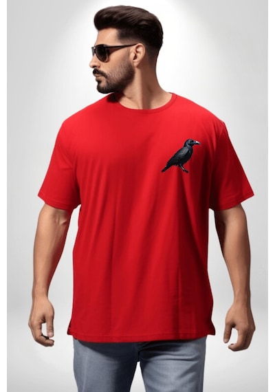 3 Gözlü Kuzgun Kırmızı Oversize Unisex Ön Ve Sırt Baskılı Tişört Kırmızı
