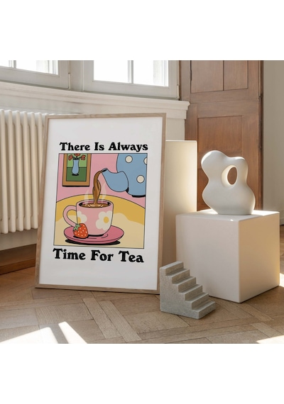 Cafe Tea Renkli Baskı, Retro İçecek Posteri, Pembe Bistro Kahve Posterleri, Çay Vakti Sözü