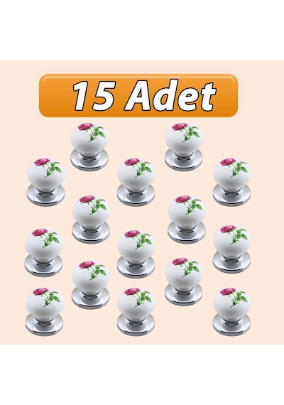 15 Adet Pembe Gül Desenli Beyaz Polimer Düğme Kulp Krom Tablalı Mobilya Mutfak Dolabı Çekmece Kulbu Kulpları