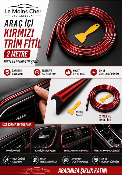 Mercedes-benz Sprinter Panelvan Araç İçi Kırmızı Trim Fitil 2 Metre Nikelaj Dekoratif Şerit
