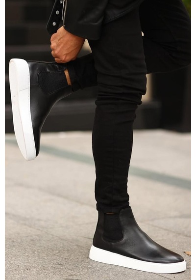 Shoetyle - Siyah Hakiki Deri Erkek Chelsea Bot - Beyaz Taban - 250-041 -1164 Siyah