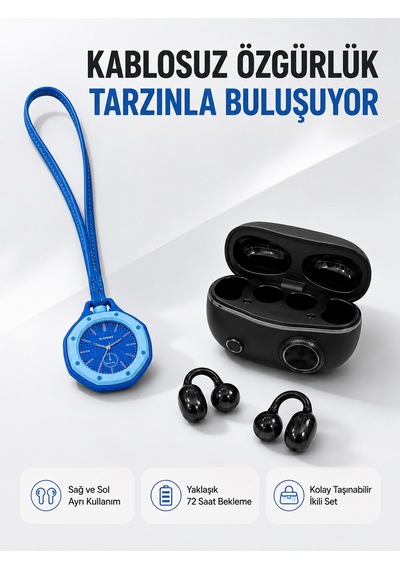 Kablosuz Kulaklık Ve Mavi Çanta Charm Saat Kampanya Seti Taşınabilir Günlük Kullanım - Lisinya