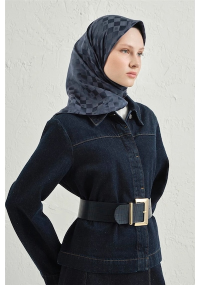 Armine Jakarlı İpek Pamuk Dama Eşarp - 4464 Lacivert