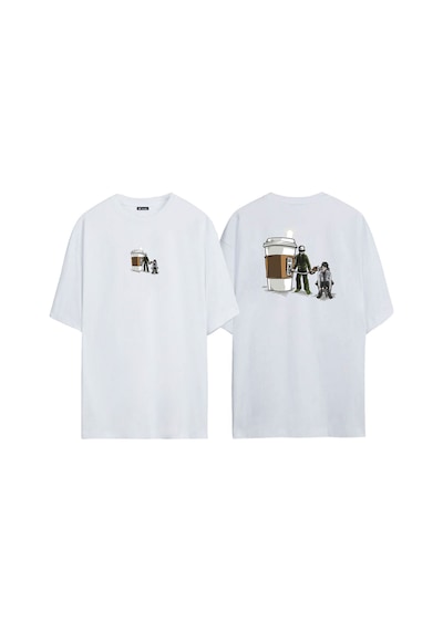 Thewert Unisex Coffee Refill Ön Arka Baskılı Beyaz Oversize T-shirt