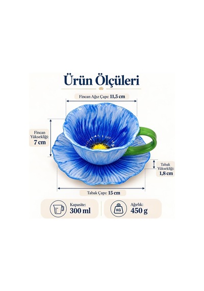 Tr Gelincik Serisi Çiçek Tasarımlı Fincan Ve Tabak Seti 350 Ml Dekoratif Kahve Çay Fincanı Mavi Diğer