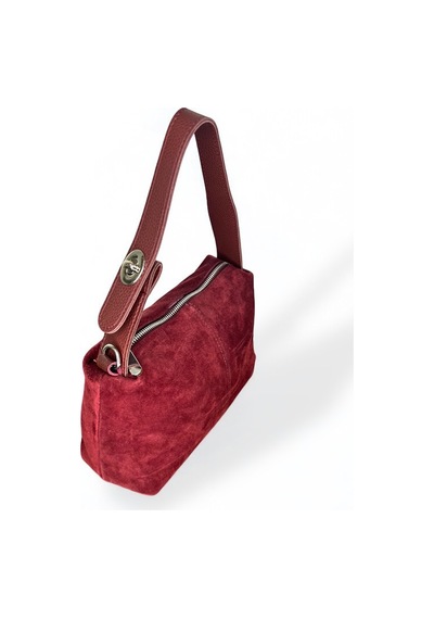 Süet Omuz Çantası, Bordo Renk, Leopar Desenli İç Astar, Metal Fermuarlı Bordo