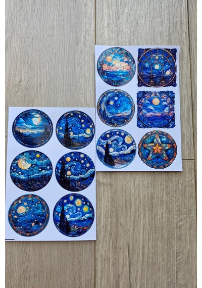Kolbi Craft 12 Adet Vitray Van Gogh Sticker Seti Bullet Journal Laptop Termos Scrapbook Renkli Cam Yuvarlak Abanoz