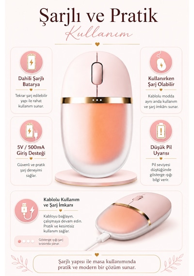Muse Işıklı Bluetooth & 2.4g Kablosuz Oyuncu Pudra Pembe Mouse Çok Renkli Diğer