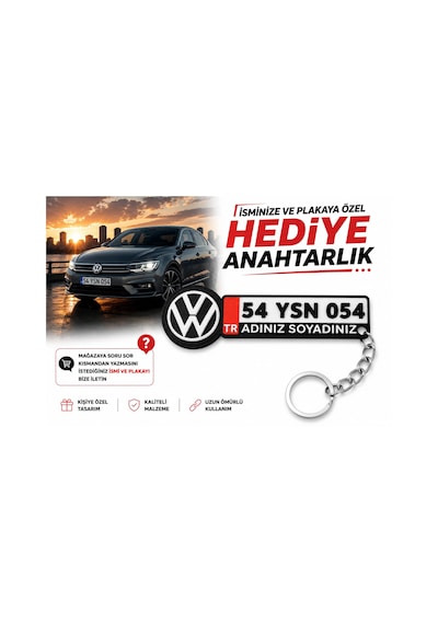 Volkswagen Logolu Ve Plakalı Anahtarlık , Kişiye Özel - Hediyelik Vw Araç Plaka Anahtarlık - Plakalı