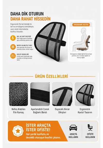 Ortopedik Bel Destek Yastığı Ofis Sandalyesi Bel Desteği Ergonomik Fileli Terletmeyen Kamburluk Önleyici Bel Minderi