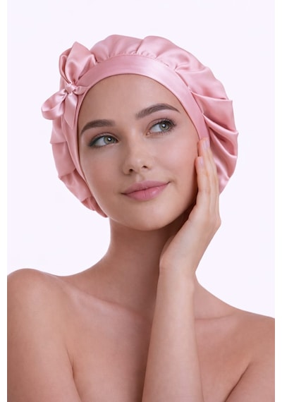 Silkwormlife %100 Saf Ipek, Uzun Bağcıklı Lüks Gece Bakim Bonesi Pembe