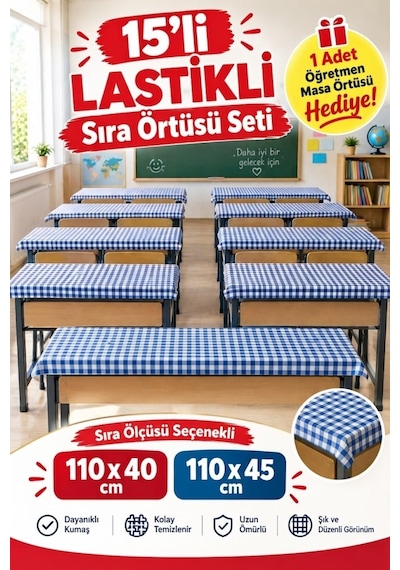 15 Adet Okul Sıra Örtüsü Lastikli Masa Örtüsü Leke Tutmaz Kumaş Mavi Pötikare Raşel 110 x 45