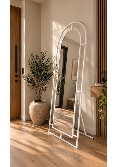 Effe Beyaz Metal Çerçeveli 180x70 Cm Pencere Model Oval Ayaklı Boy Aynası