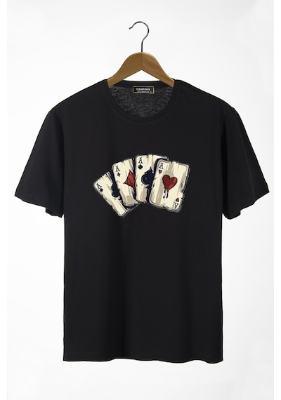 Erkek Siyah Önü Iskambil Kağıdı Baskılı Bisiklet Yaka Oversize T-shirt 22y-3400762-2 Siyah