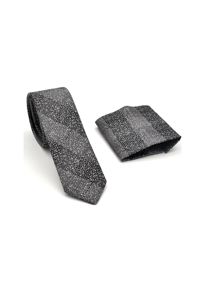 Gaffy Füme Gri Verev Desenli Dokuma Kumaş Mendilli Slim Fit Kravat // SDK-240106 Füme