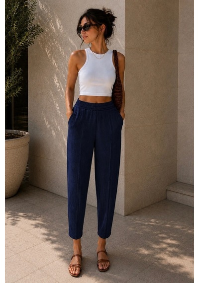 Bbbutikbasic Kadın Müslin Havuç Kesim Rahat Pantolon My3535 Lacivert