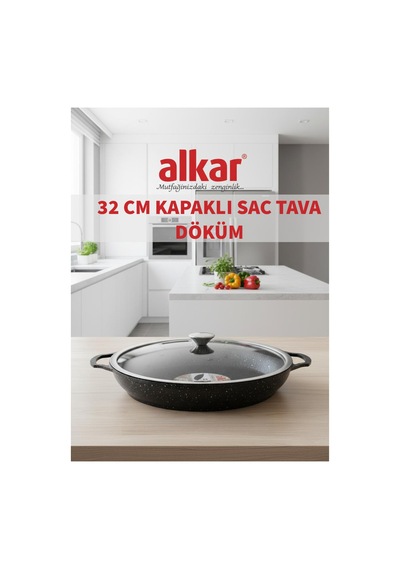 32 Cm Döküm Cam Kapaklı Sac Kavurma Tavası Yanmaz Yapışmaz Fırına Girebilir Siyah