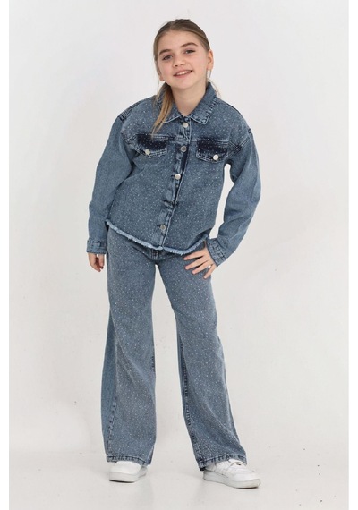Modanino Kız Çocuk Jean Takım-taş Süslemeli Ceket+pantolon 12452 İndigo
