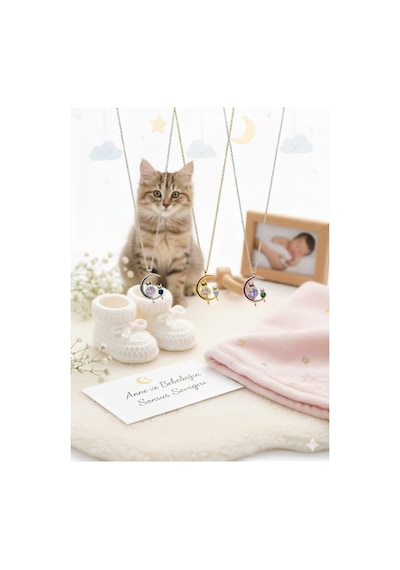 Anne Bebek Kedi Kolye.doğum Taşlı Kolye,anne Bebek Kolye Gümüş