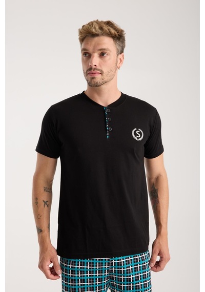 Akbeniz Erkek Düğmeli Yaka Siyah Kısa Kol Pijama Takımı