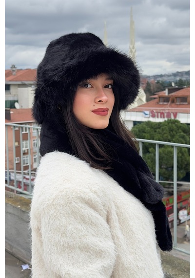 Mollycrush Peluş Rus Tarzı Bucket Kalpak Kadın Şapka Atkı 2'li Set Siyah