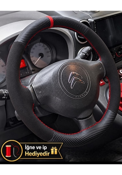 Citroen Berlingo B9 Dikme Direksiyon Kılıfı Alcantara Süet Mat Karbon Kırmızı Yüzük Ve Dikiş 2008-2018 Siyah