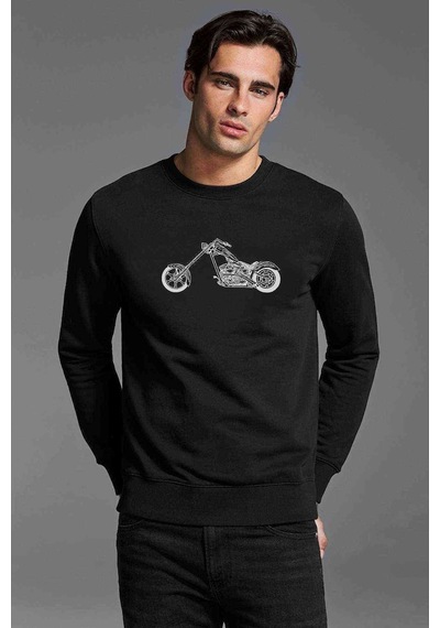 Classic Motor Rock Metal Baskılı Siyah Erkek Sweatshirt