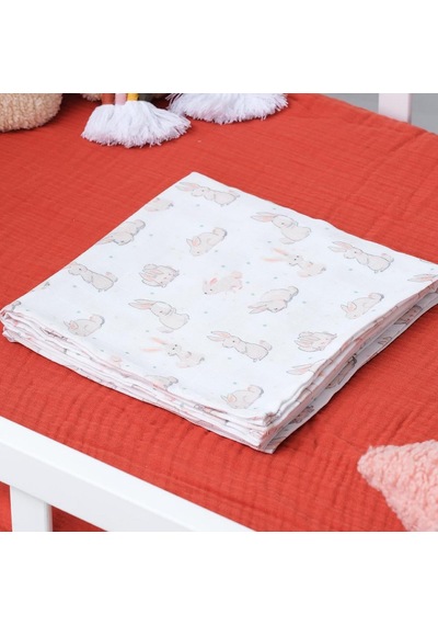 Hafy Baby Organik Pamuk Puanlı Tavşan Desenli Müslin Bebek Örtüsü
