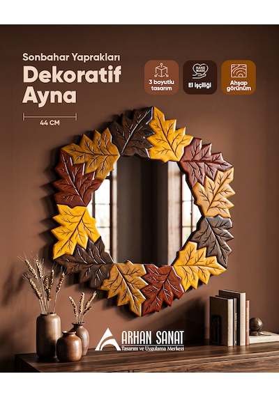 Sonbahar Yaprakları Dekoratif Duvar Aynası 44x41 Cm Salon Çalışma Odası Antre Mutfak Aynası Polyester Ahşap El Yapımı Ayna Çok Renkli