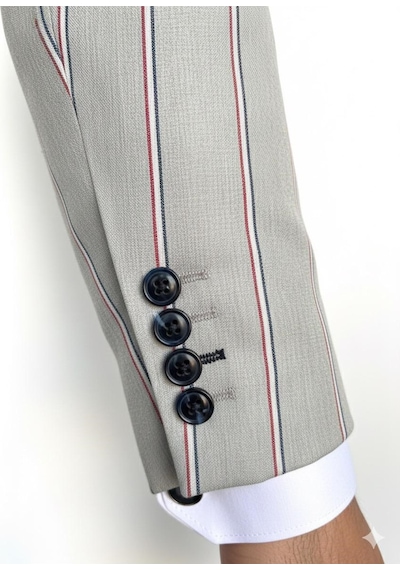 Erkek Çizgili Takım Elbise 3 Lü Set Ceket + Yelek + Pantolon Slim Fit İtalyan Tarz Gri