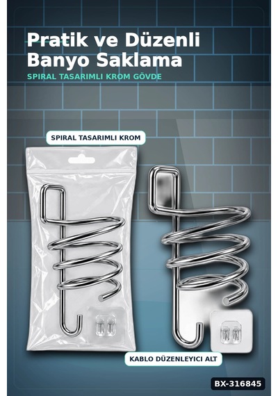 Fön Makinesi Askısı Krom Metal Banyo Fönlük Kendinden Yapışkan Askı Aparatı Bx-316845 Çok renkli