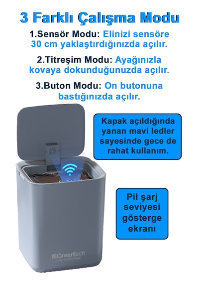 Greentech Sensörlü Şarjlı 22 Litre Çöp Kovası Şarj Edilebilir Lityum Pilli / Gt-sc05k Krem